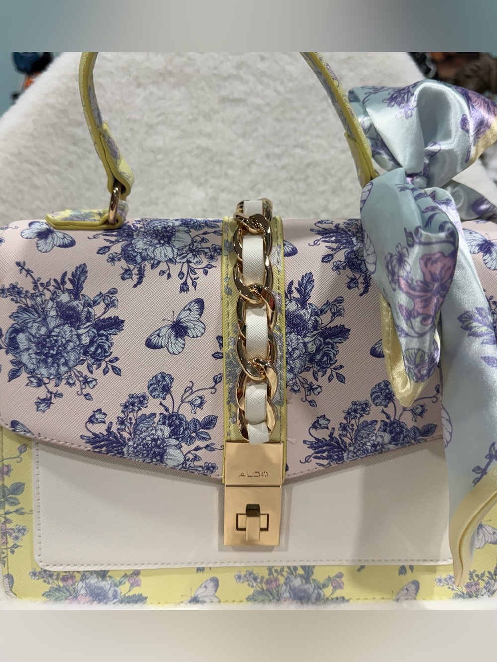 NWT- ALDO Pastel Pink Yellow and Blue Floral Top-Handle Satchel with Gold Chain